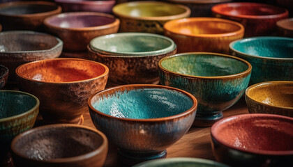 Vibrant colored pottery collection showcases indigenous cultures' ornate designs generated by AI