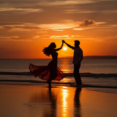 couple on the beach at sunset dancing