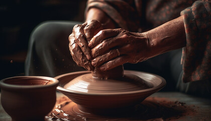 Fototapeta na wymiar Craftsperson turning wet clay on pottery wheel, creating beautiful vase generated by AI