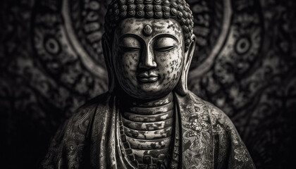 Ancient statue of Buddha meditating in tranquil East Asian culture generated by AI
