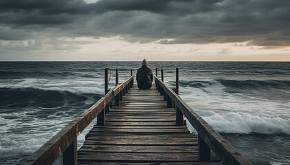 Fototapeta premium Solitude in serene nature one person walking on jetty plank generated by AI