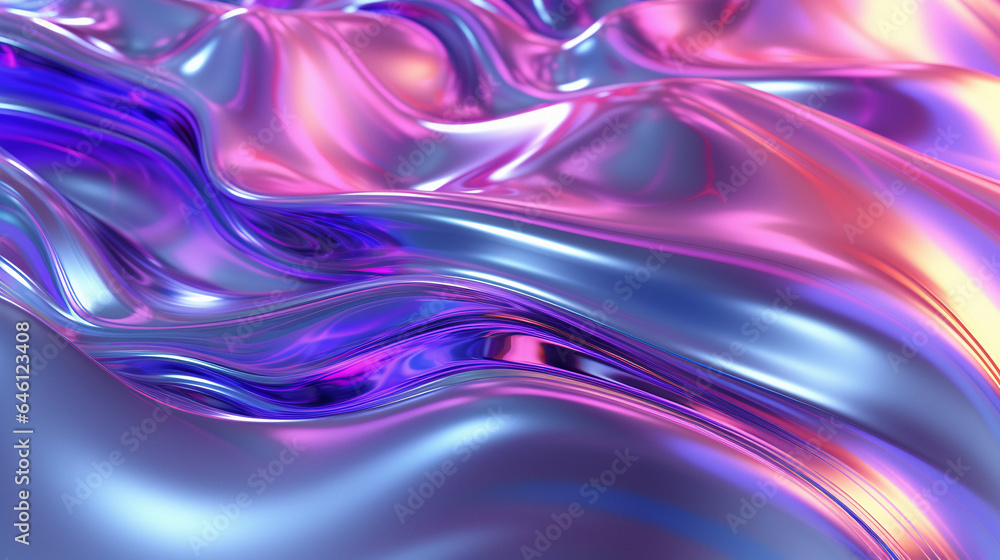 Poster abstract holographic background. 3d illustration of a chrome surface with neon reflections.