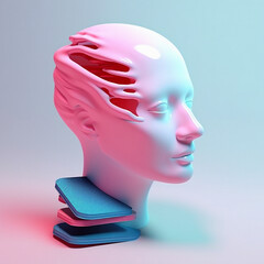 3D illustration of a surreal head sculpture with geometric shapes.  Concept of psychological and mental health issues. - obrazy, fototapety, plakaty