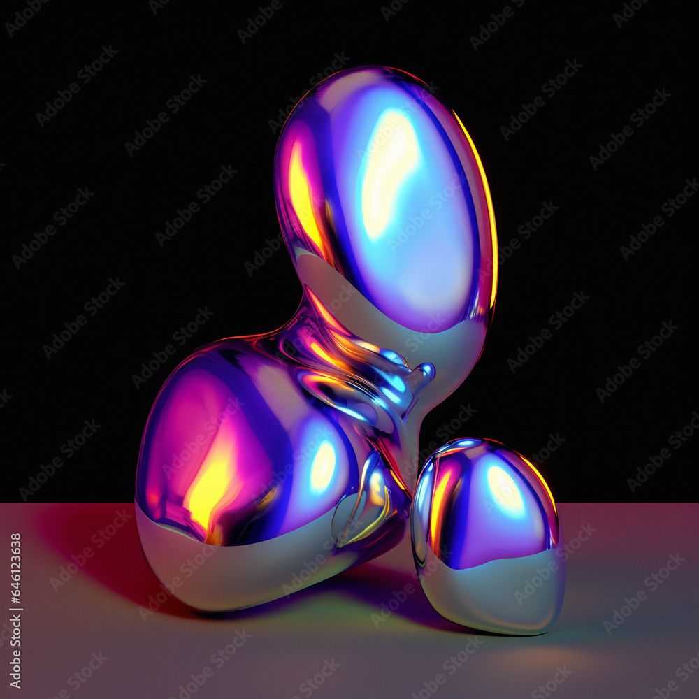 Poster 3D illustration of a distorted holographic blobs. Abstract surreal contemporary art.