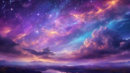 Obraz premium Fantasy Sky Background Sky Landscape Dreamlike Fantasy Sky Horizon Fantasy Cloudscape Colorful Starry Background AI Generative