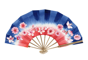 Watercolor illustration of a red, white and blue open paper hand fan with cherry blossoms