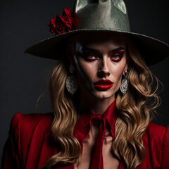 Close-up portrait of fashionable beautiful woman in  hat. Generative AI technology