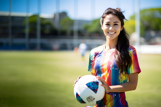 Beautiful female soccer player holds a ball on the soccer practice football field during the daytime, Generative AI