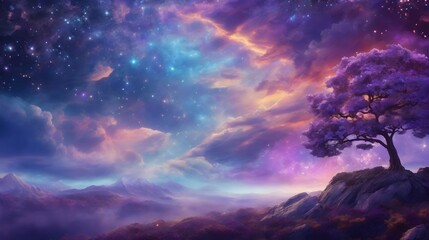 Naklejka premium Fantasy Sky Background Sky Landscape Dreamlike Fantasy Sky Horizon Fantasy Cloudscape Colorful Starry Background AI Generative