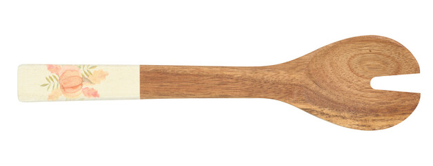 Empty wooden vintage fork with long handle isolated on white background, top view