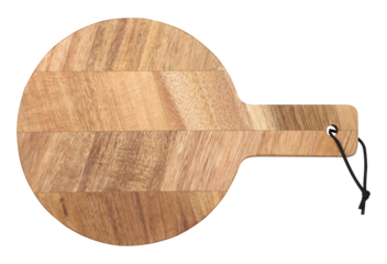 Round wooden kitchen cutting board with handle on white isolated background