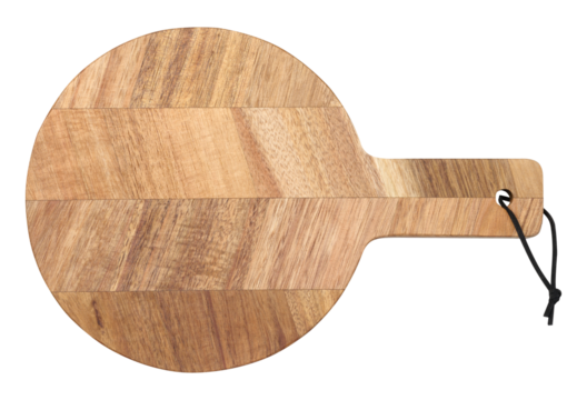 Round wooden kitchen cutting board with handle on white isolated background