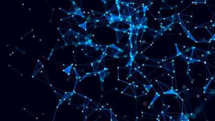 Blue abstract background with connection lines, dots and triangles. Technology network connection. Digital structure of particles. 3D rendering.