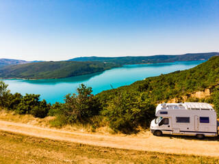 Camping car at lake Sainte Croix in Verdon Gorge, France