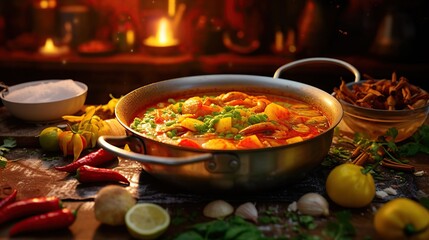 Hot curry red soup. AI generated image - obrazy, fototapety, plakaty