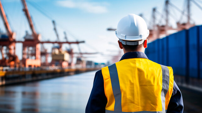 Industry worker with safety jacket and helmet at the port