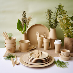 A set of various environmentally friendly dishes made of wood