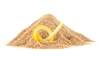 Pile of dried lemon peel powder and fresh lemon skin isolated on a white background