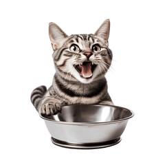 Hungry cat standing next to an empty bowl, isolated on white background