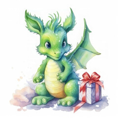 Naklejka premium Green dragon with a gift on a white background, watercolor. Square postcard. AI generative.