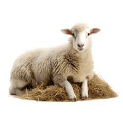 Sheep lying down on hay. Transparent background