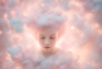 Naklejka premium The unimaginable image of a very beautiful fairy in heaven. angel Magic Realism, radiating a sense of otherworldly beauty and serenity, warm pastel tone, clouds, wings, realm of dreams, Generative AI