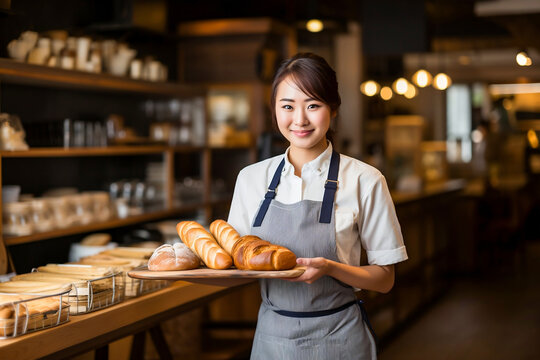 Asian woman baker hold a tray of bread happy smiling in bakery shop