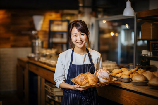 Asian woman baker hold a tray of bread happy smiling in bakery shop