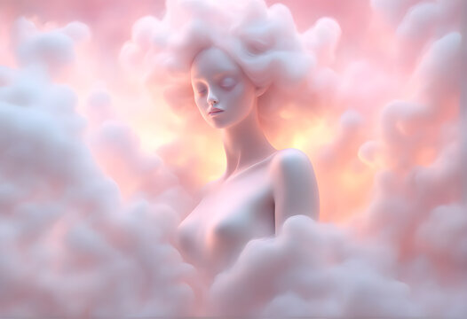 The unimaginable image of a very beautiful fairy in heaven. angel Magic Realism, radiating a sense of otherworldly beauty and serenity, warm pastel tone, clouds, wings, realm of dreams, Generative AI