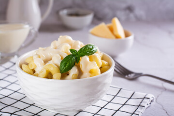 Appetizing pasta with cheese sauce and basil in a bowl on the table