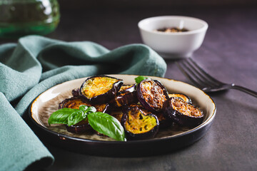 Appetizing fried eggplant with spices and herbs on a plate on the table