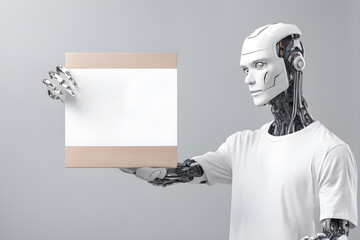 AI robot People wearing white t-shirt Holding Blank white Sign. blank billboard to write it on your text. Asian girl and Man blank Holding white sign. copy space, Generative AI,