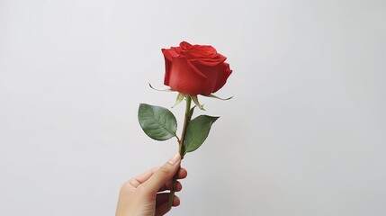 Hand holding beautiful fresh red rose flower white background AI generated image