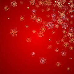 Christmas snow on red background. Glitter frame for seasonal winter banners, gift coupon, voucher, ads, party event. Santa Claus colors with golden Christmas snow. Falling snowflakes for holiday