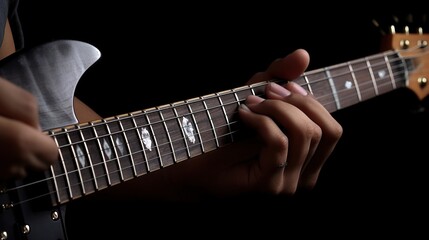 Fototapeta na wymiar Close up of men playing the guitar dark background. AI generated image