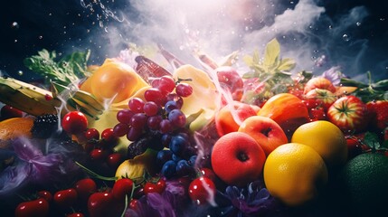 Aqua Fusion: Fruits and Water Exploding into a Misty Spectacle