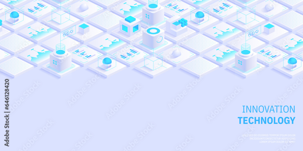 Poster engineering innovations design. abstract technology background. blockchain concept banner. isometric