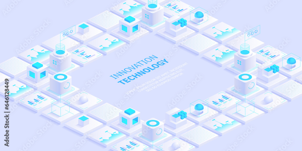 Poster engineering innovations design. abstract technology background. blockchain concept banner. isometric
