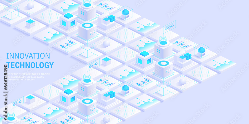 Poster engineering innovations design. abstract technology background. blockchain concept banner. isometric