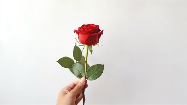 Hand holding beautiful fresh red rose flower white background AI generated image