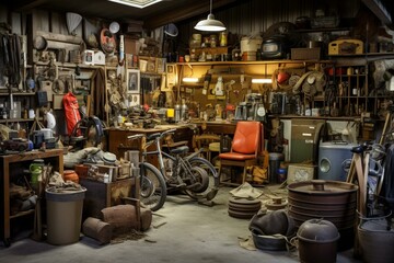 Cluttered garage packed with tools, junk, vintage items, and collectibles. Generative AI - obrazy, fototapety, plakaty