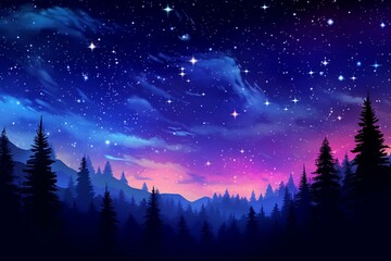 Fototapeta na wymiar Silhouetted forest beneath a starry night sky with aurora borealis, galaxy, nebula, stars, and wispy clouds. Generative AI