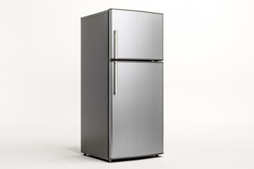 A contemporary metallic refrigerator with two doors, standing alone against a white background. Equipped with a frost-free freezer. Generative AI