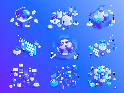 People work in a team, interacting with charts and analysing statistics. Data visualisation. Startup concept. Achieve the goal. Launch a new product on a market. Isometric vector illustration.