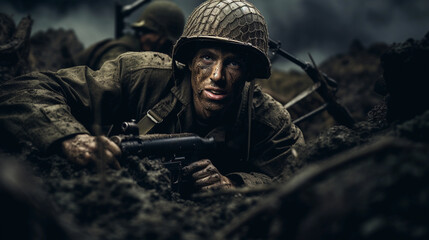 soldier in a foxhole, surrounded by mud and barbed wire, grim expression, holding M1 Garand rifle, stormy sky overhead, battlefield smoky atmosphere