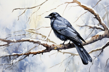 Black crow on a snowy branch in winter. Watercolor bird illustration.