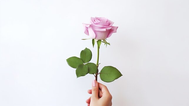 Hand holding beautiful fresh pink rose flower white background AI generated image