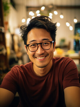 Asian Male, Mid 30s, Goatee, Wearing Glasses And Casual Shirt, Quirky Expression, Holding Phone, Indoor, Cozy Home Background, Soft Light