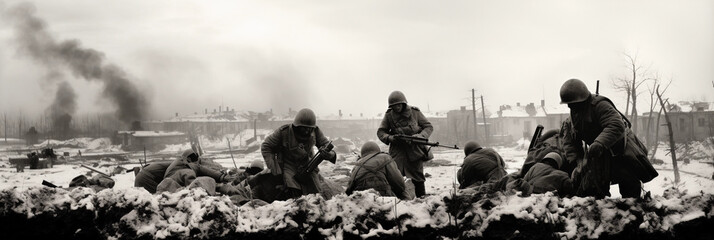 Soldiers in the Battle, winter, struggling to move artillery through snow, weariness and frostbite, black and white, stark contrast, dusk lig