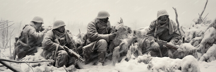 Soldiers in the Battle, winter, struggling to move artillery through snow, weariness and frostbite, black and white, stark contrast, dusk lig